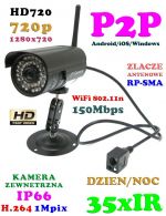 Kamera Zewnętrzna IP/WIFI/P2P HD (zasięg cały świat!!), Dzienno-Nocna (35IR) + Możliwość Zapisu itd.